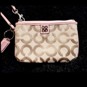Coach Wristlet pink signature jacquard tan clutch